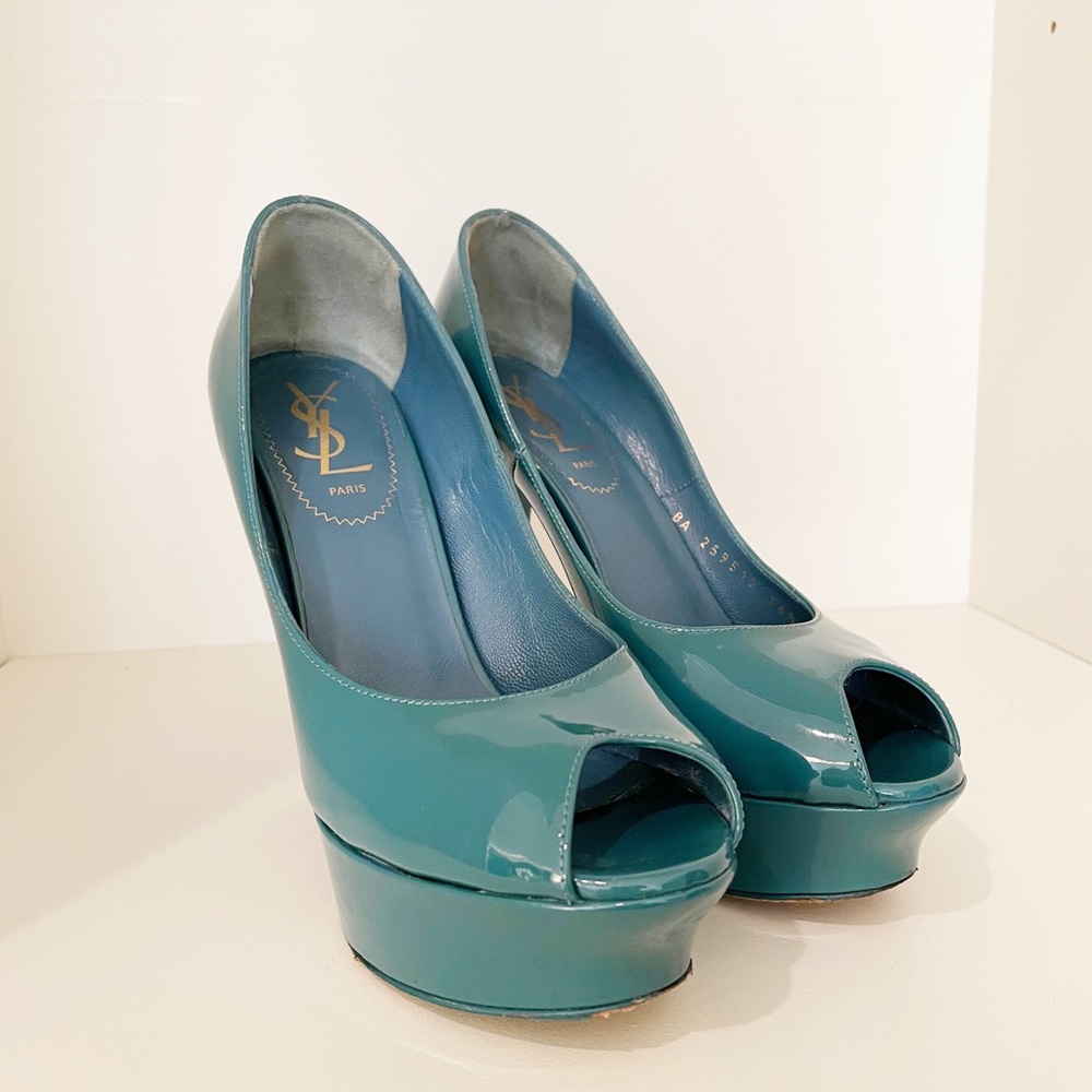 Yves Saint Laurent Palais Patent Leather Peep Toe Heels Teal Blue Size 36.5 - Picture 6 of 15